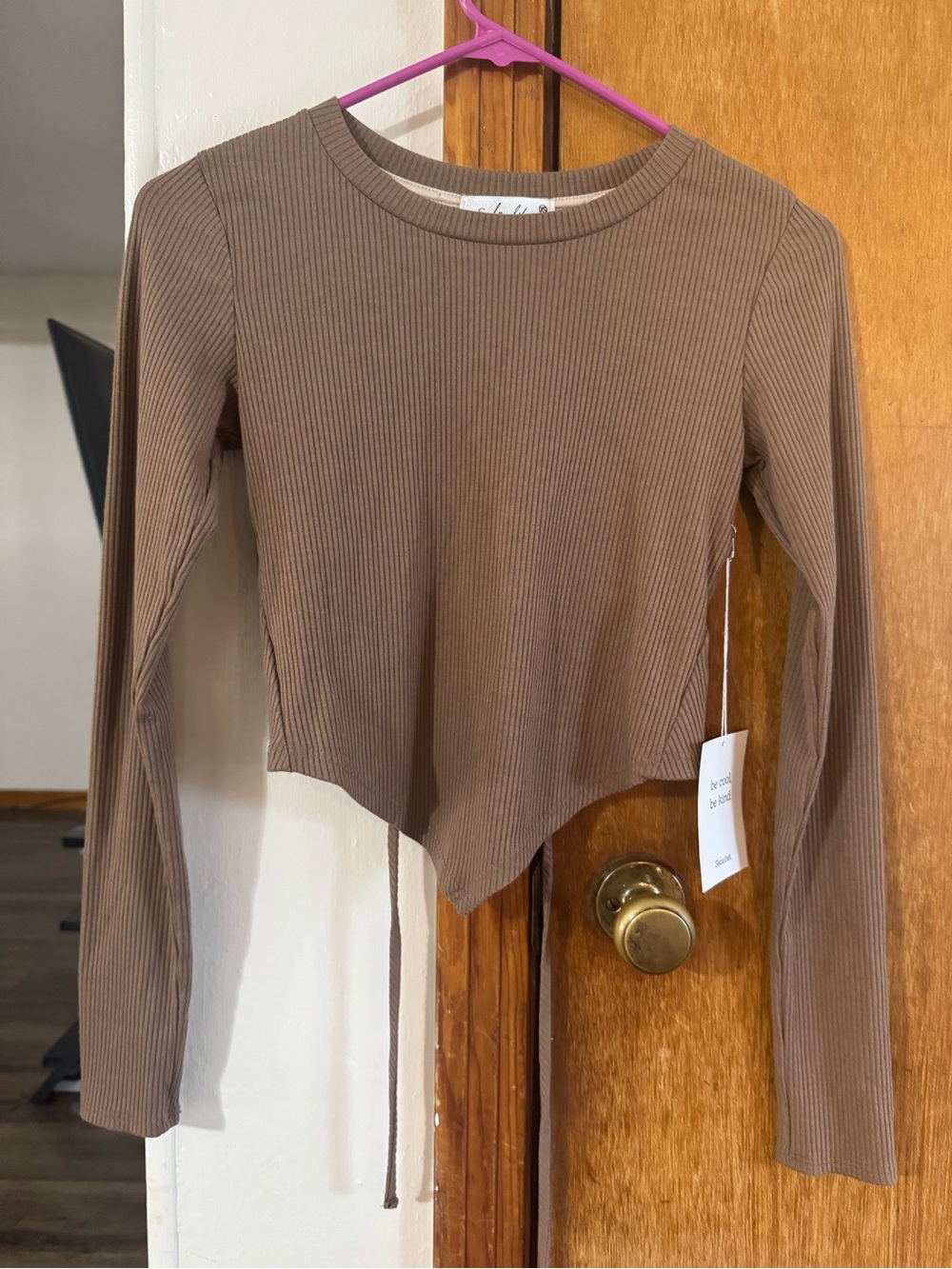 Ribbed Long-Sleeve Crop Top in Brown